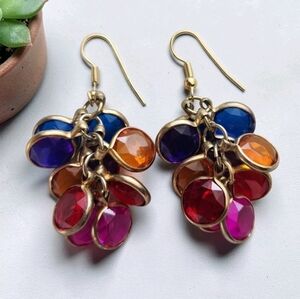 Multicolor Bezel Set Faceted Cluster Dangle Earrings Gold Tone Statement Boho